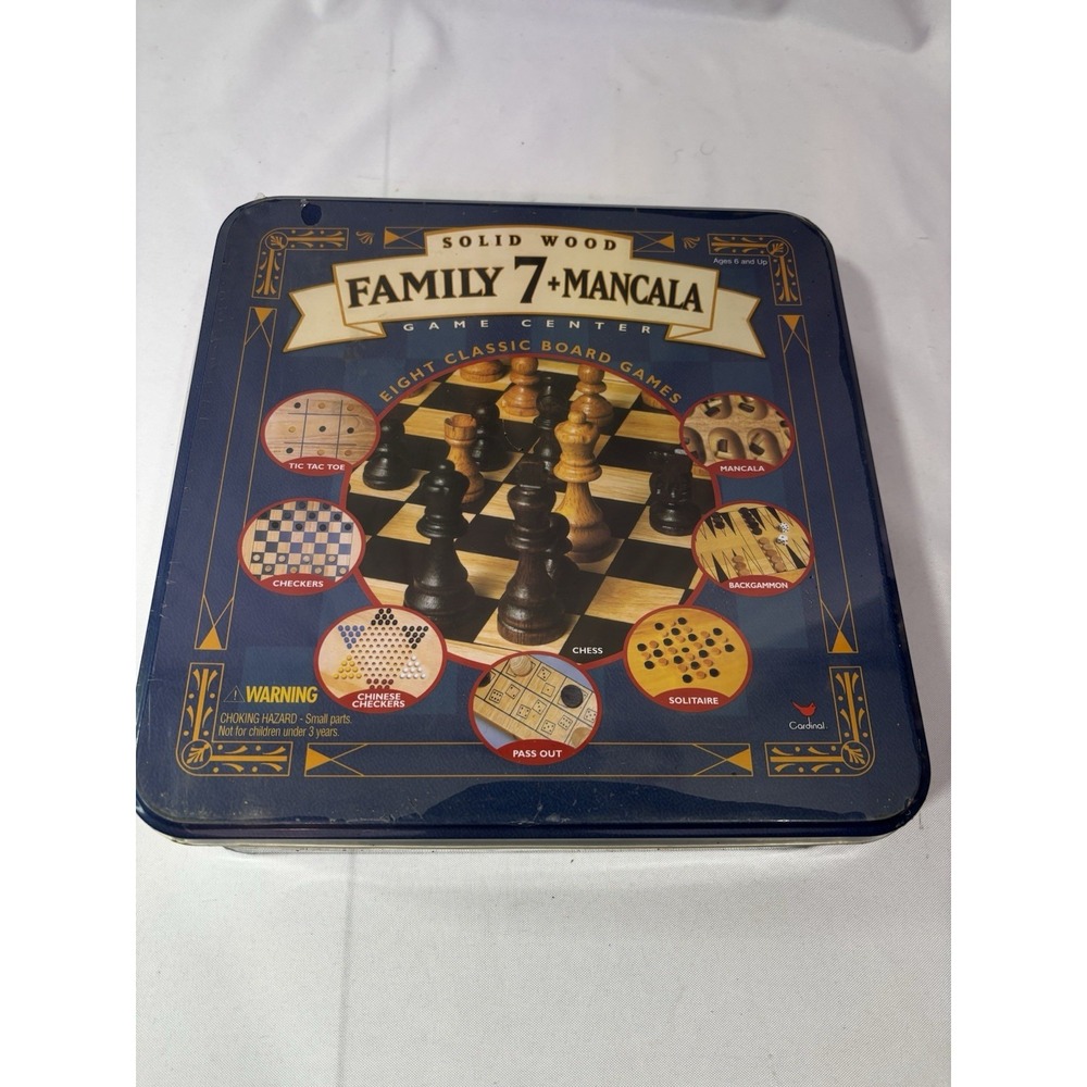 NEW Family 7+ Mancala Game Center 8 Classic Board Games Solid Wood in Tin
